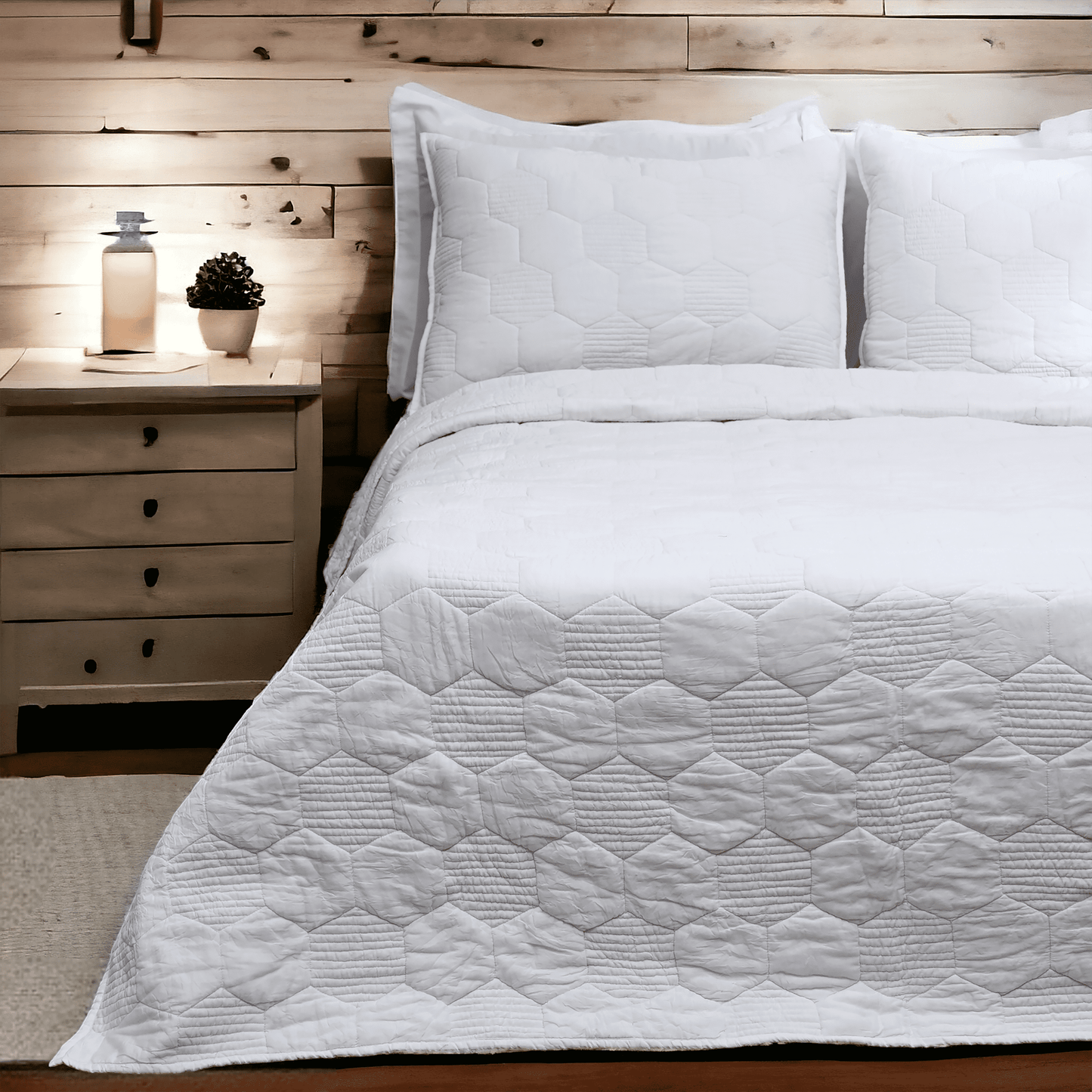 SHWET - White Hexagon Quilted bed set, 100% cotton, Sizes available