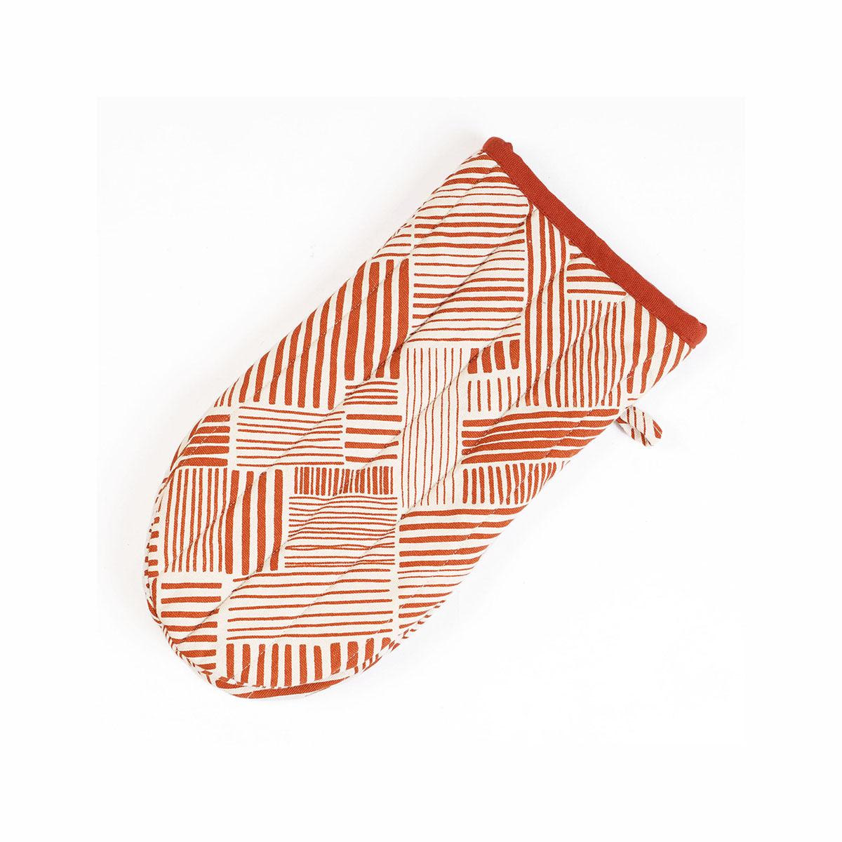 MODERN RETRO Pair of quilted Potholder and oven mitt in Terracotta green colour stripe print in 100% cotton