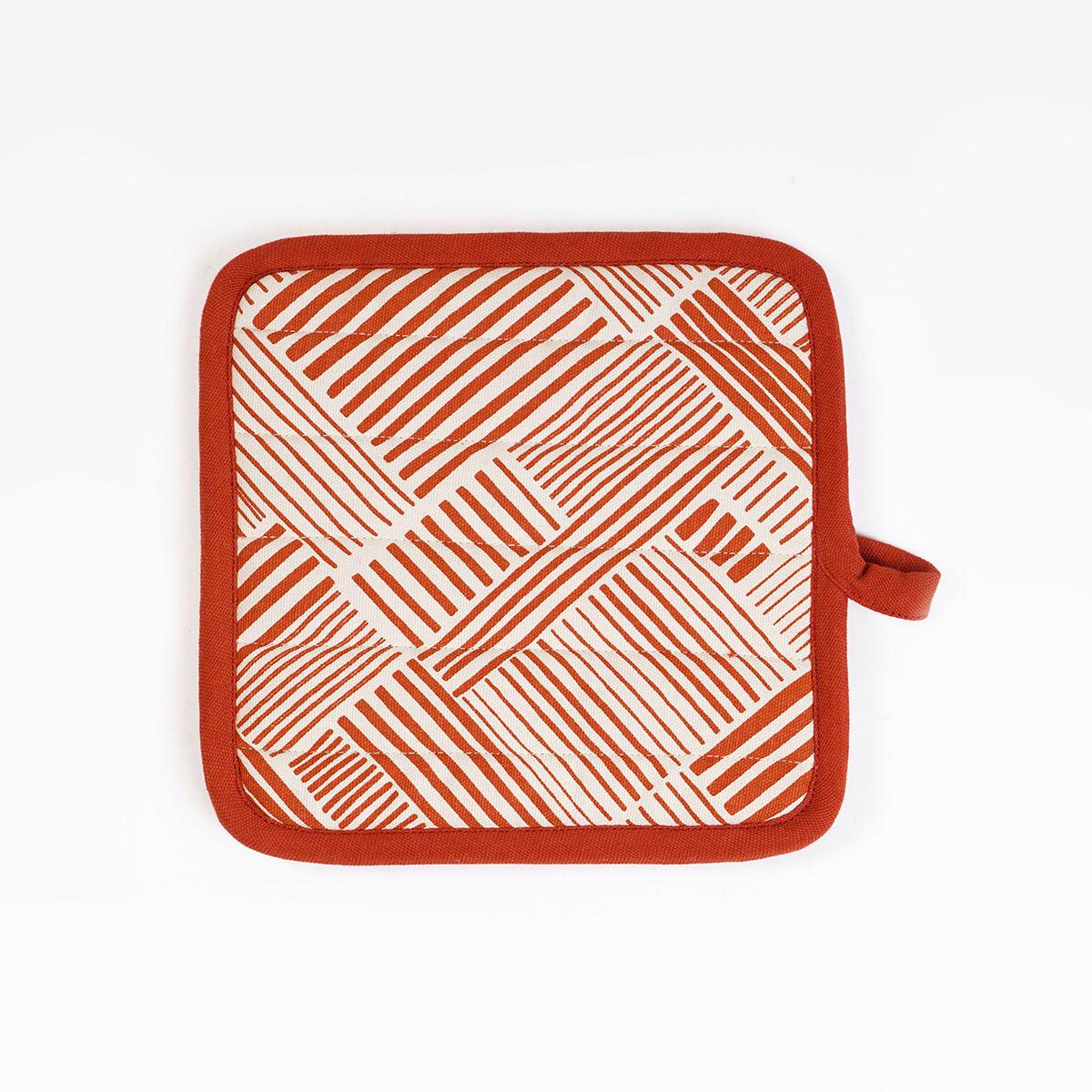 MODERN RETRO Pair of quilted Potholder and oven mitt in Terracotta green colour stripe print in 100% cotton