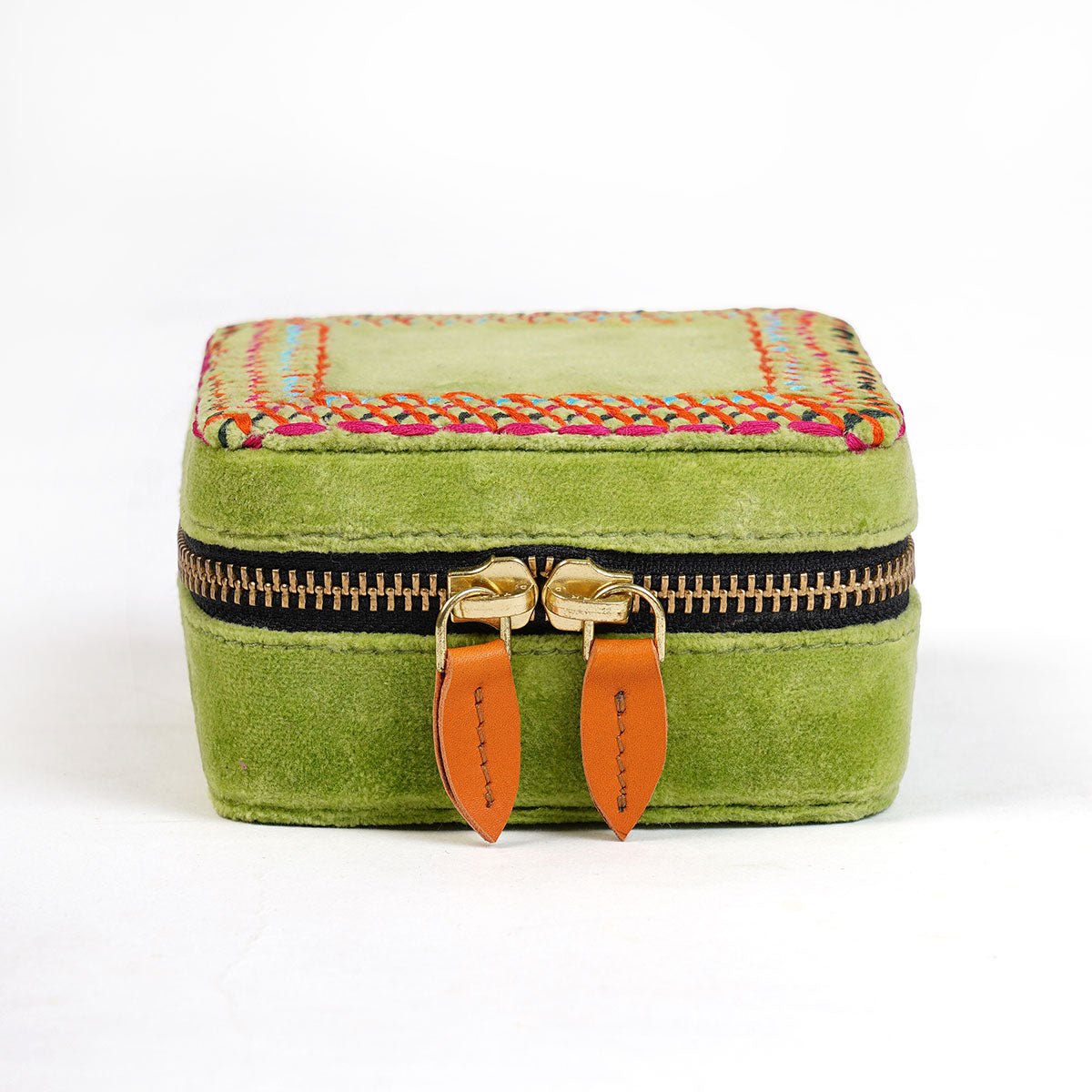 Lime green Velvet Square Embroidered Jewellery box