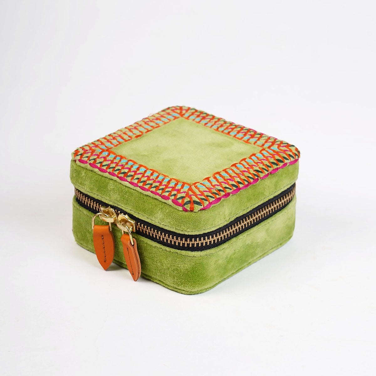 Lime green Velvet Square Embroidered Jewellery box