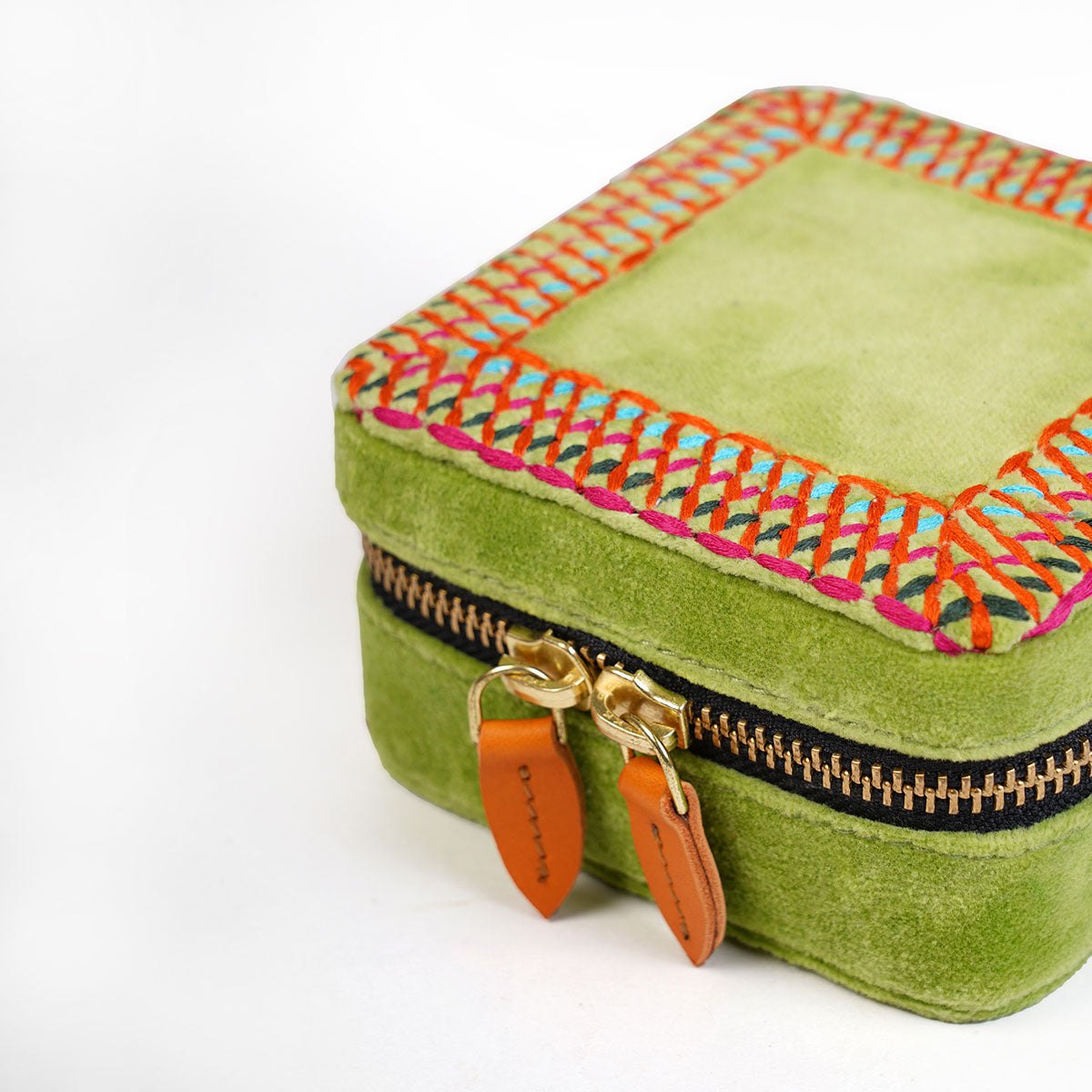 Lime green Velvet Square Embroidered Jewellery box