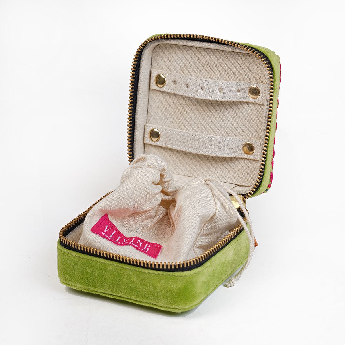 Lime green Velvet Square Embroidered Jewellery box