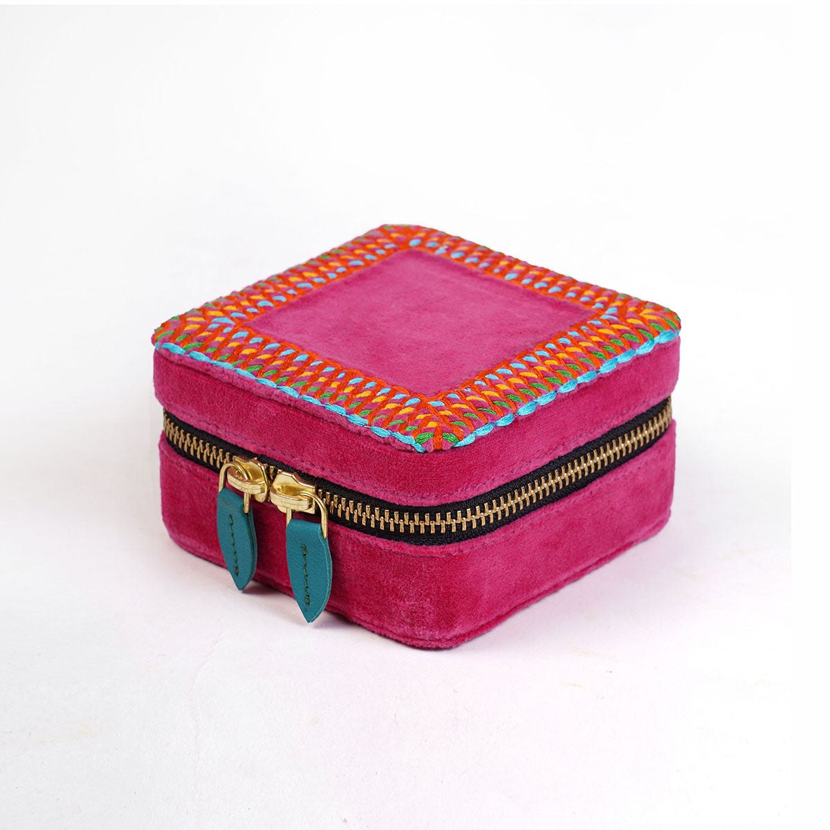 Hot Pink Velvet Square Embroidered Jewellery box