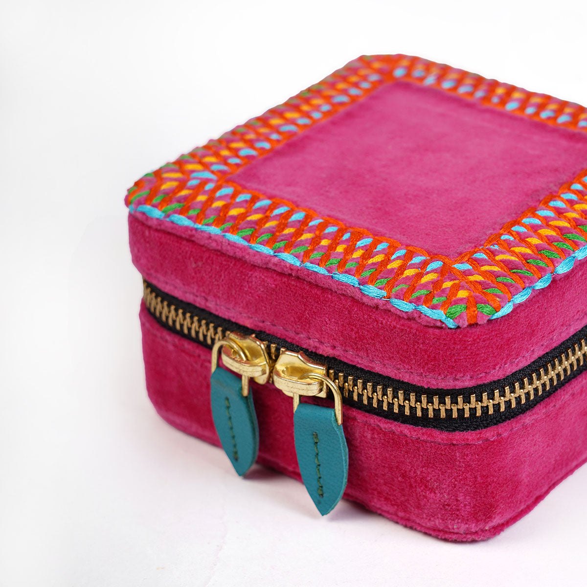 Hot Pink Velvet Square Embroidered Jewellery box