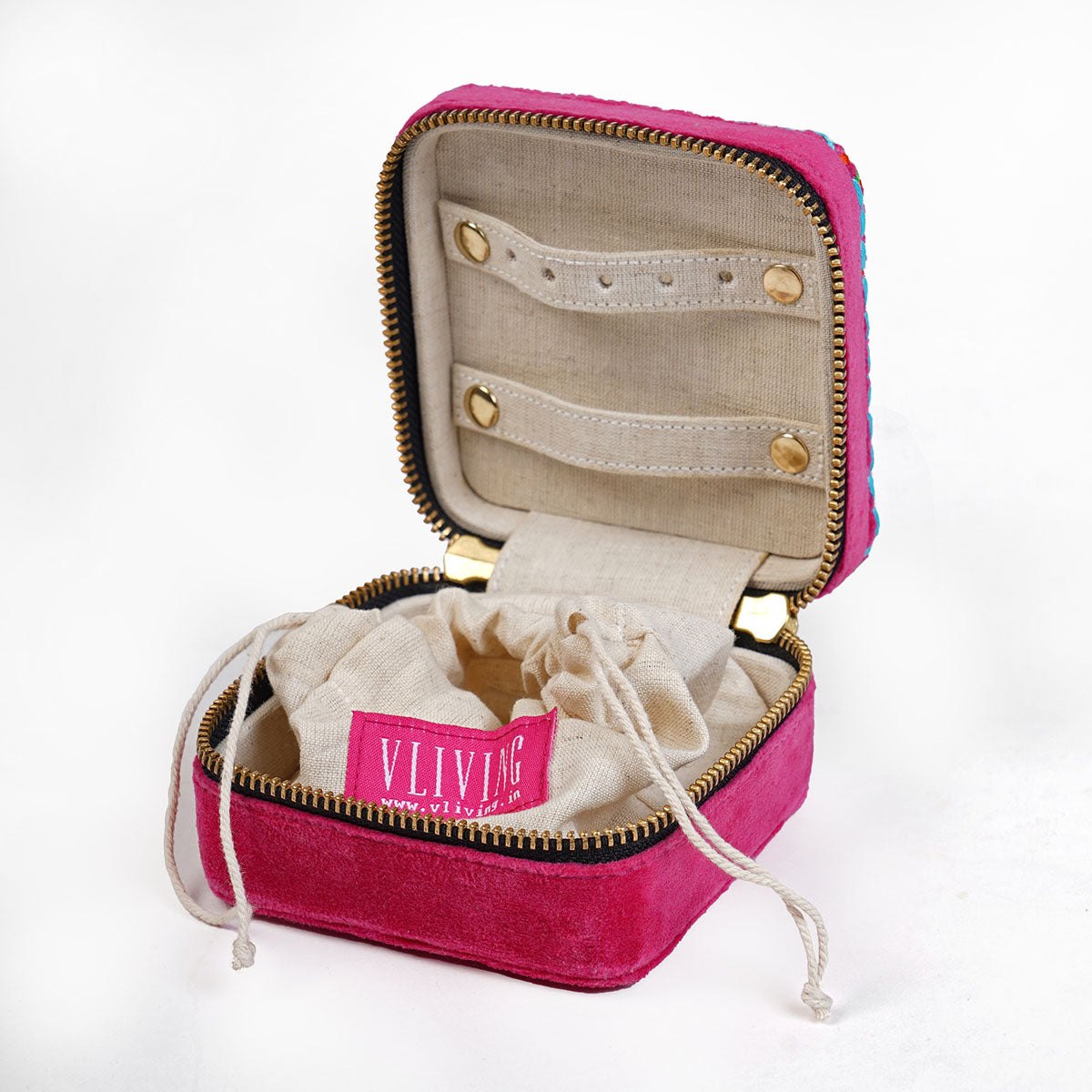 Hot Pink Velvet Square Embroidered Jewellery box