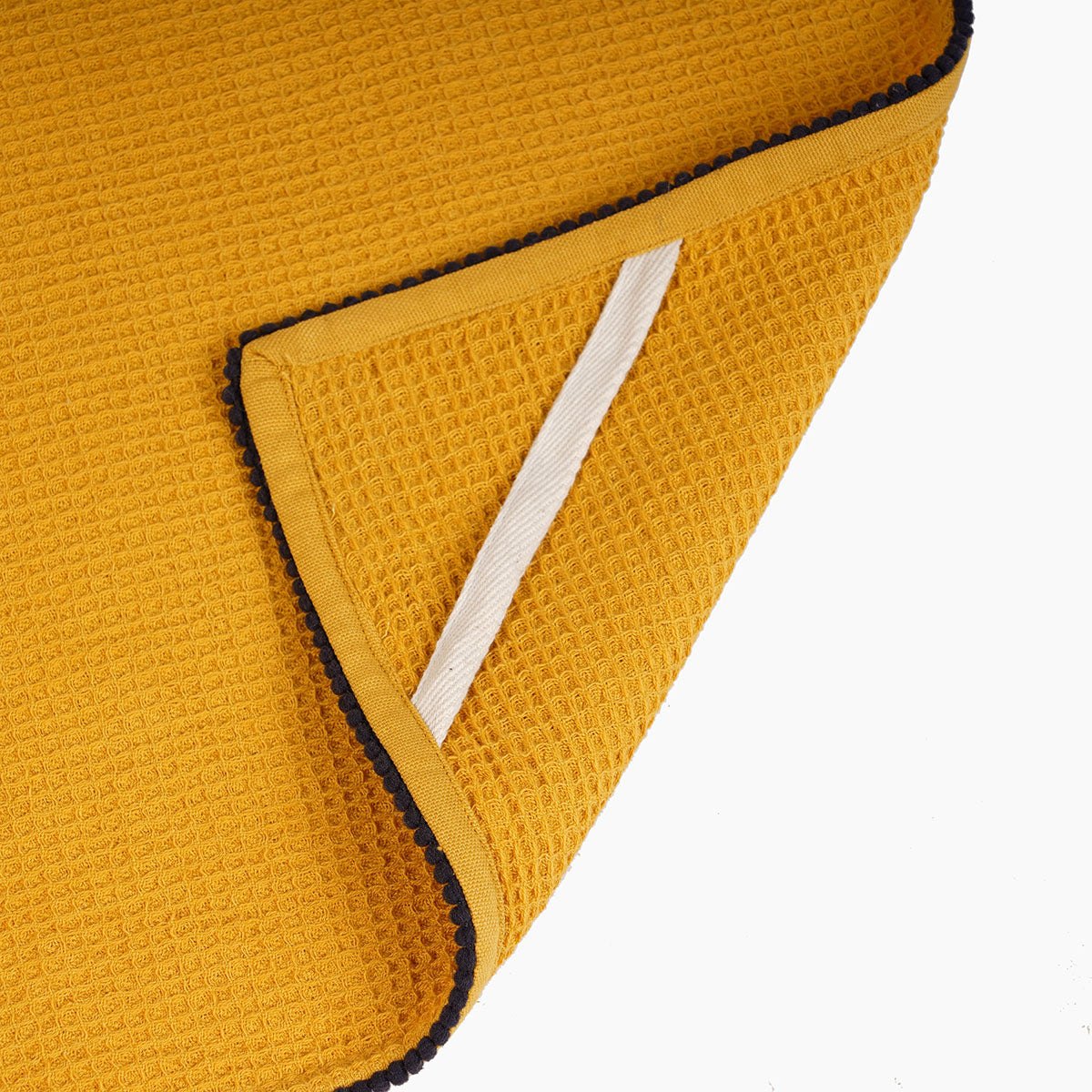 MODERN RETRO - Mustard Yellow waffle cotton Kitchen Towel with black micro pompom lace edging, size 20"X28"