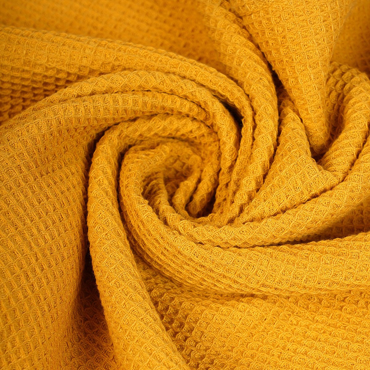 MODERN RETRO - Mustard Yellow waffle cotton Kitchen Towel with black micro pompom lace edging, size 20"X28"