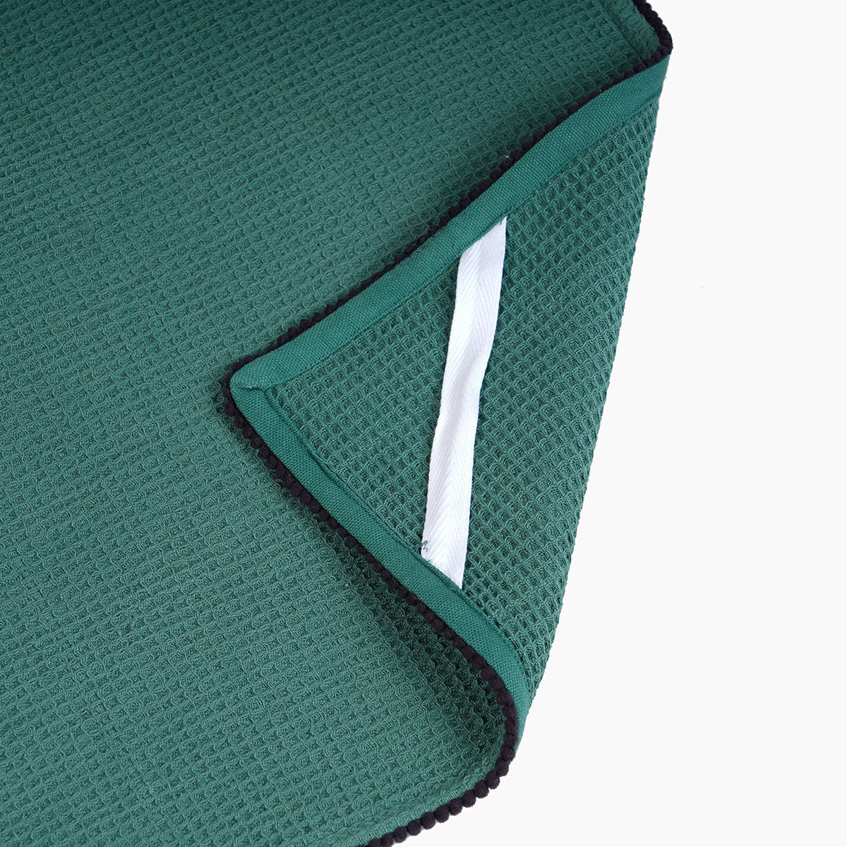 MODERN RETRO - Aqua Green waffle cotton Kitchen Towel with black micro pompom lace edging, size 20"X28"