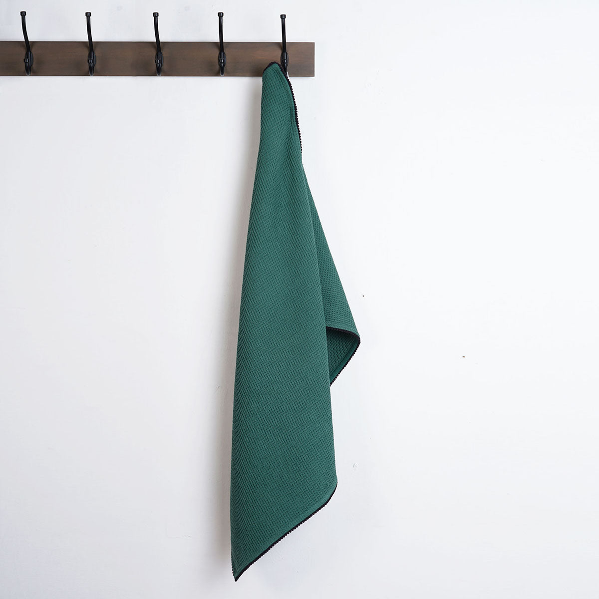 MODERN RETRO - Aqua Green waffle cotton Kitchen Towel with black micro pompom lace edging, size 20"X28"
