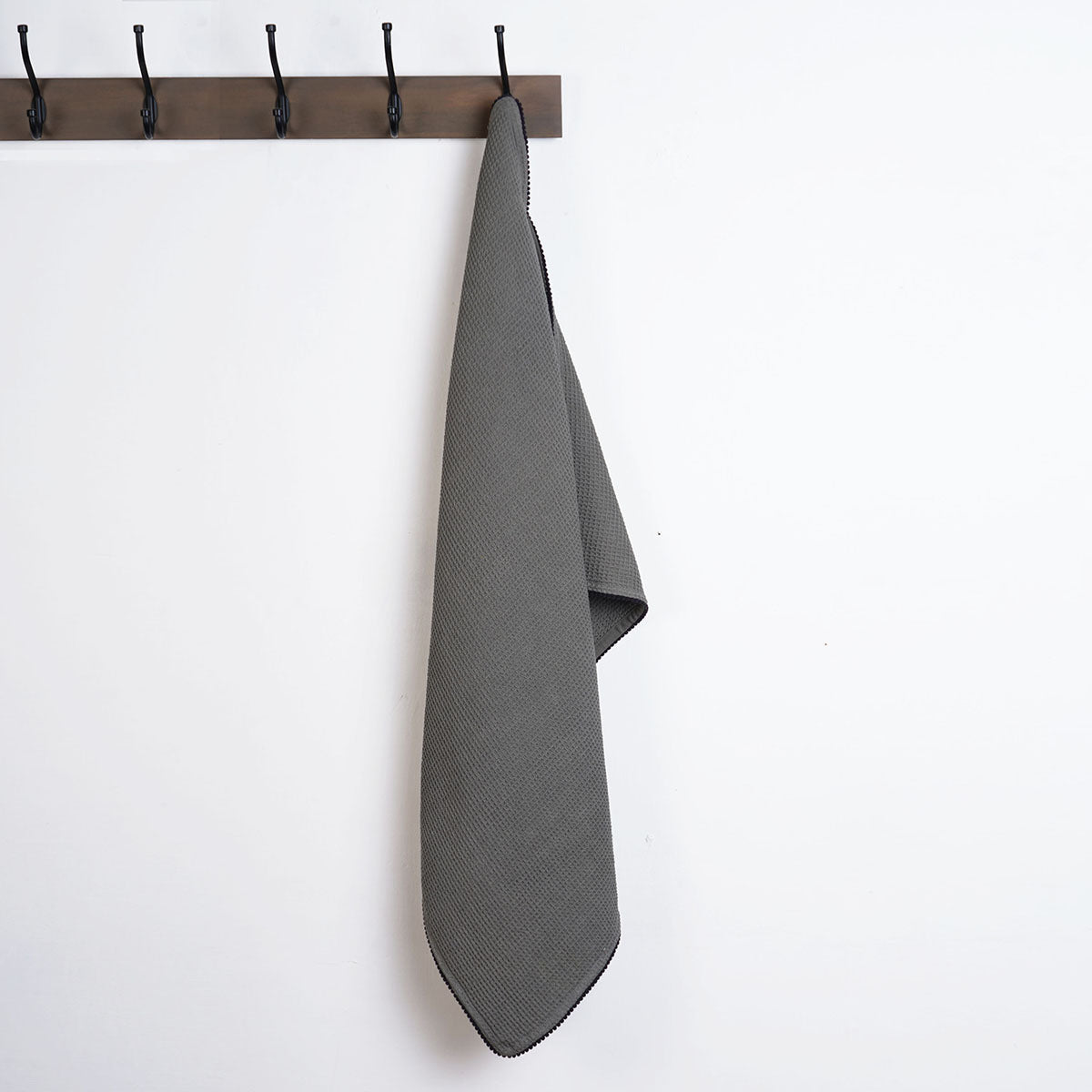 MODERN RETRO - Grey waffle cotton Kitchen Towel with black micro pompom lace edging, size 20"X28"