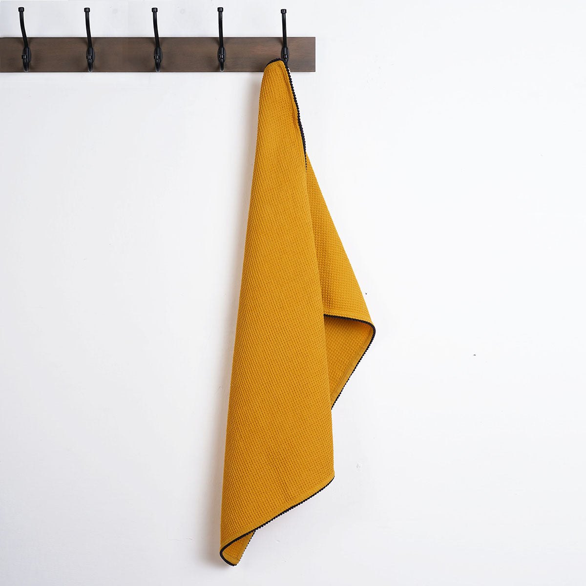 MODERN RETRO - Mustard Yellow waffle cotton Kitchen Towel with black micro pompom lace edging, size 20"X28"