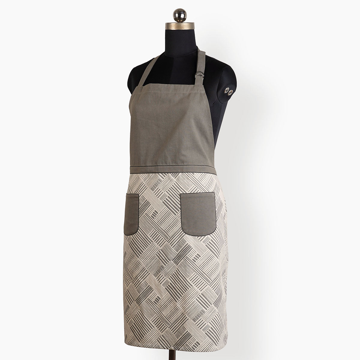 MODERN RETRO - Grey stripe print cotton apron, size 27"X 35"
