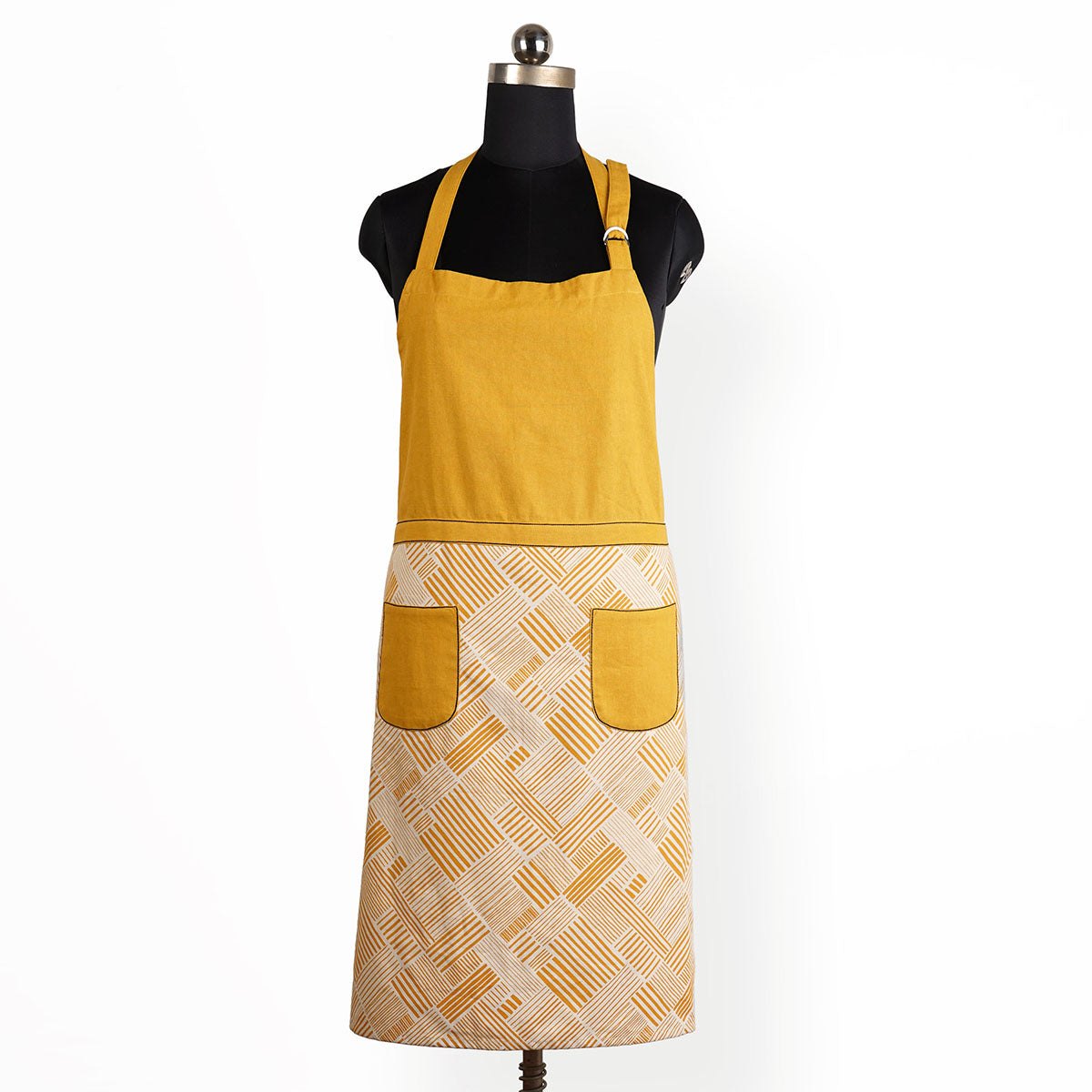 MODERN RETRO - Mustard Yellow stripe print cotton apron, size 27"X 35"