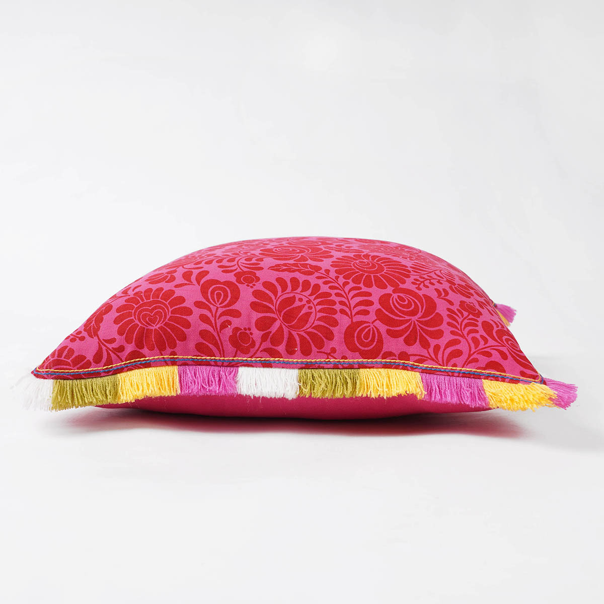 MATYO - Hot Pink printed cotton Pillow cover with multicolour acrylic fringe, sizes available