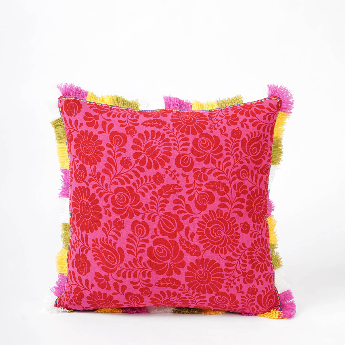 MATYO - Hot Pink printed cotton Pillow cover with multicolour acrylic fringe, sizes available