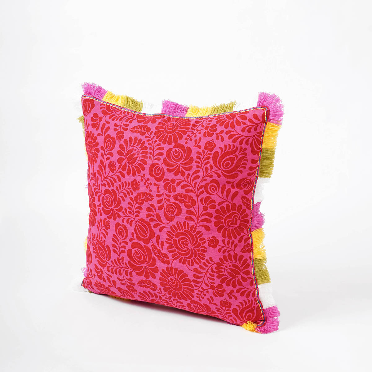 MATYO - Hot Pink printed cotton Pillow cover with multicolour acrylic fringe, sizes available