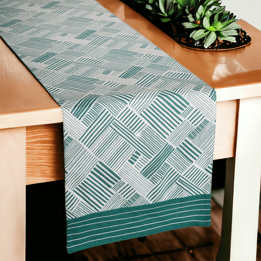 MODERN RETRO - Aqua Green cotton Table runner, stripe print with border and embroidery, sizes available