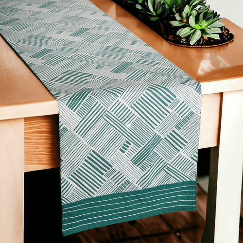MODERN RETRO - Aqua Green cotton Table runner, stripe print with border and embroidery, sizes available