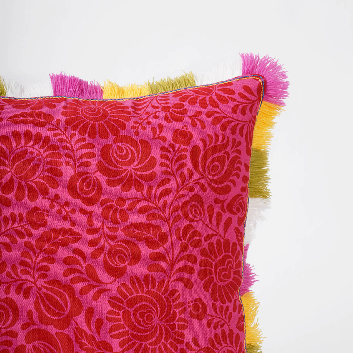 MATYO - Hot Pink printed cotton Pillow cover with multicolour acrylic fringe, sizes available