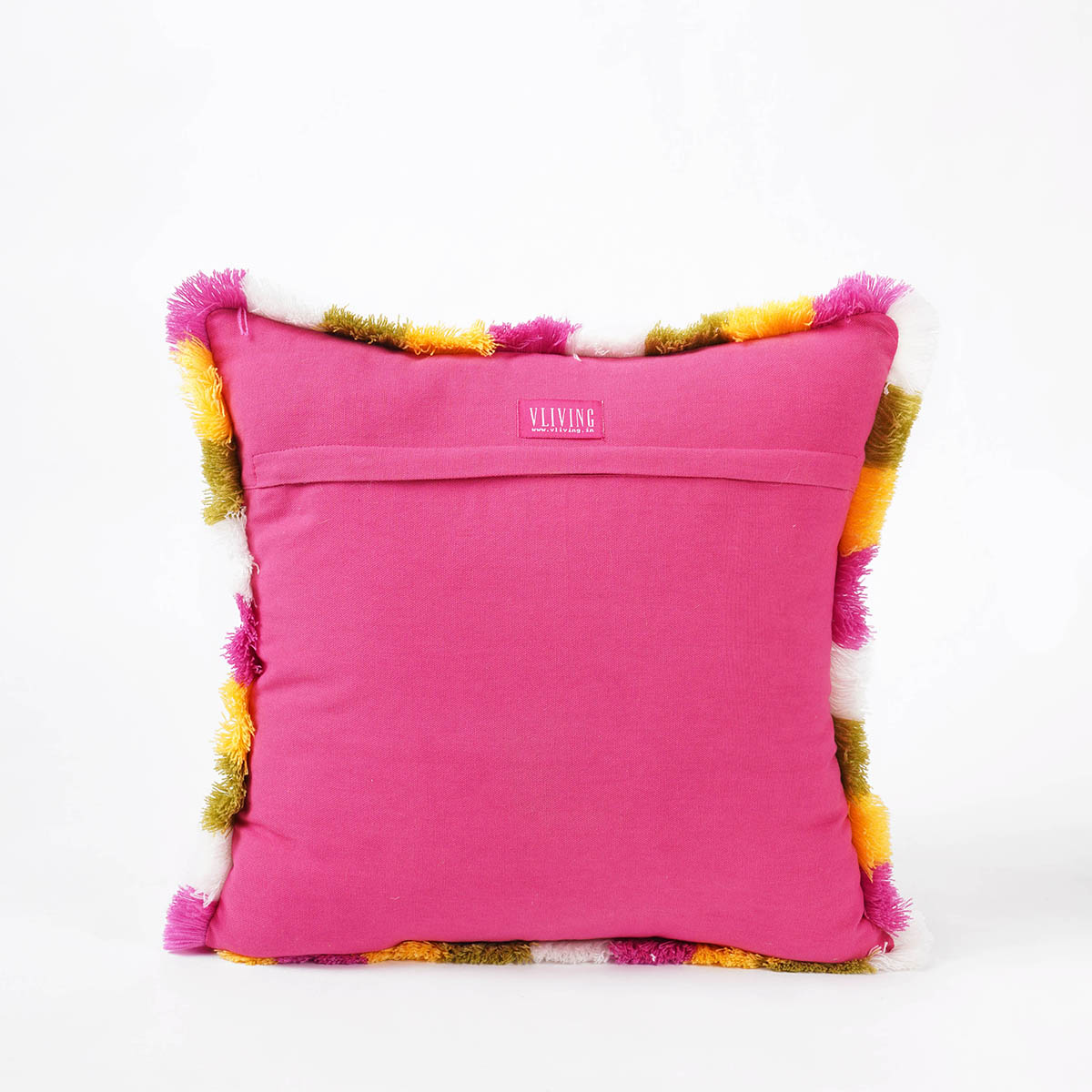 MATYO - Hot Pink printed cotton Pillow cover with multicolour acrylic fringe, sizes available