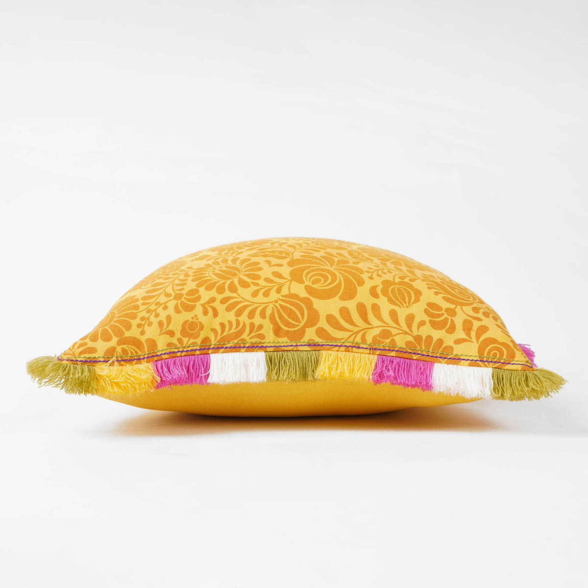 MATYO - Yellow printed cotton Pillow cover with multicolour acrylic fringe, sizes available