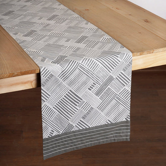 MODERN RETRO - Grey cotton Table runner, stripe print with border and embroidery, sizes available