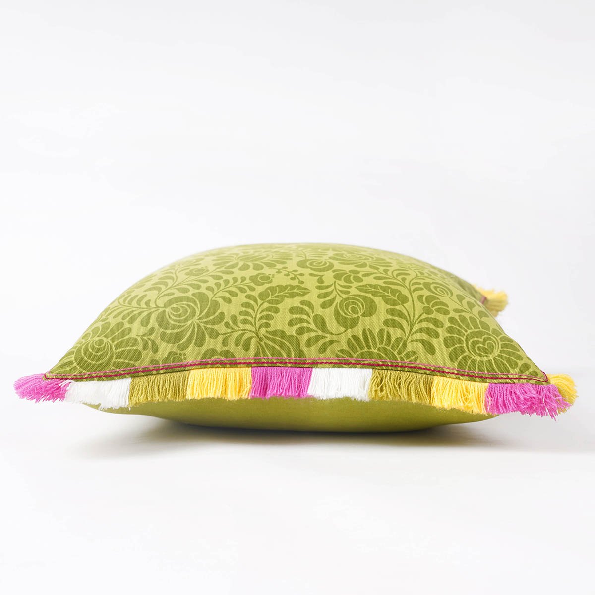 MATYO - Green printed cotton Pillow cover with multicolour acrylic fringe, sizes available
