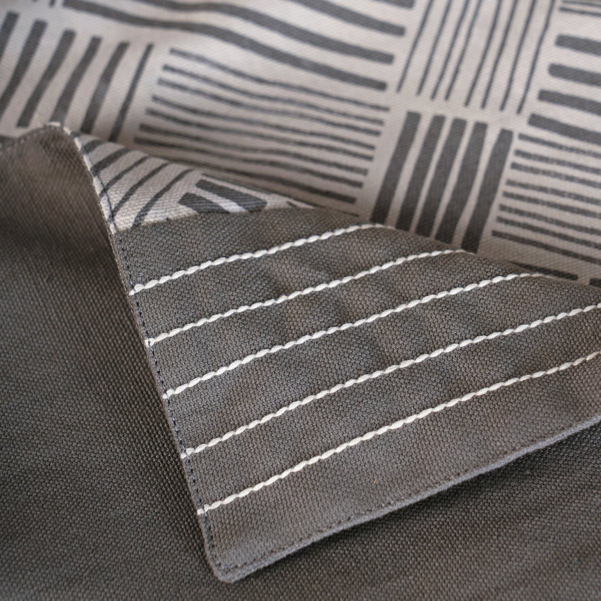 MODERN RETRO - Grey cotton Table runner, stripe print with border and embroidery, sizes available