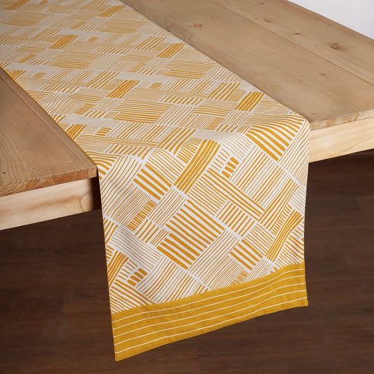 MODERN RETRO - Mustard Yellow cotton Table runner, stripe print with border and embroidery, sizes available