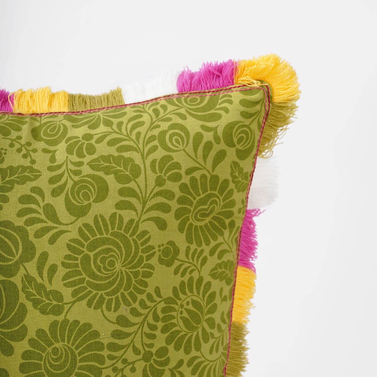 MATYO - Green printed cotton Pillow cover with multicolour acrylic fringe, sizes available