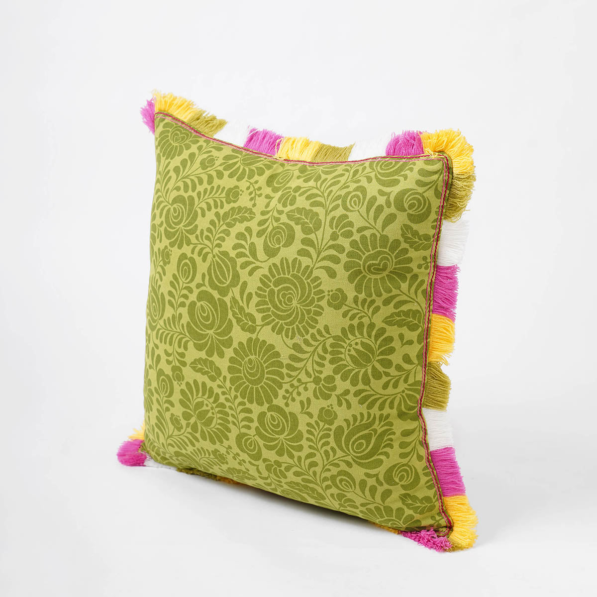 MATYO - Green printed cotton Pillow cover with multicolour acrylic fringe, sizes available