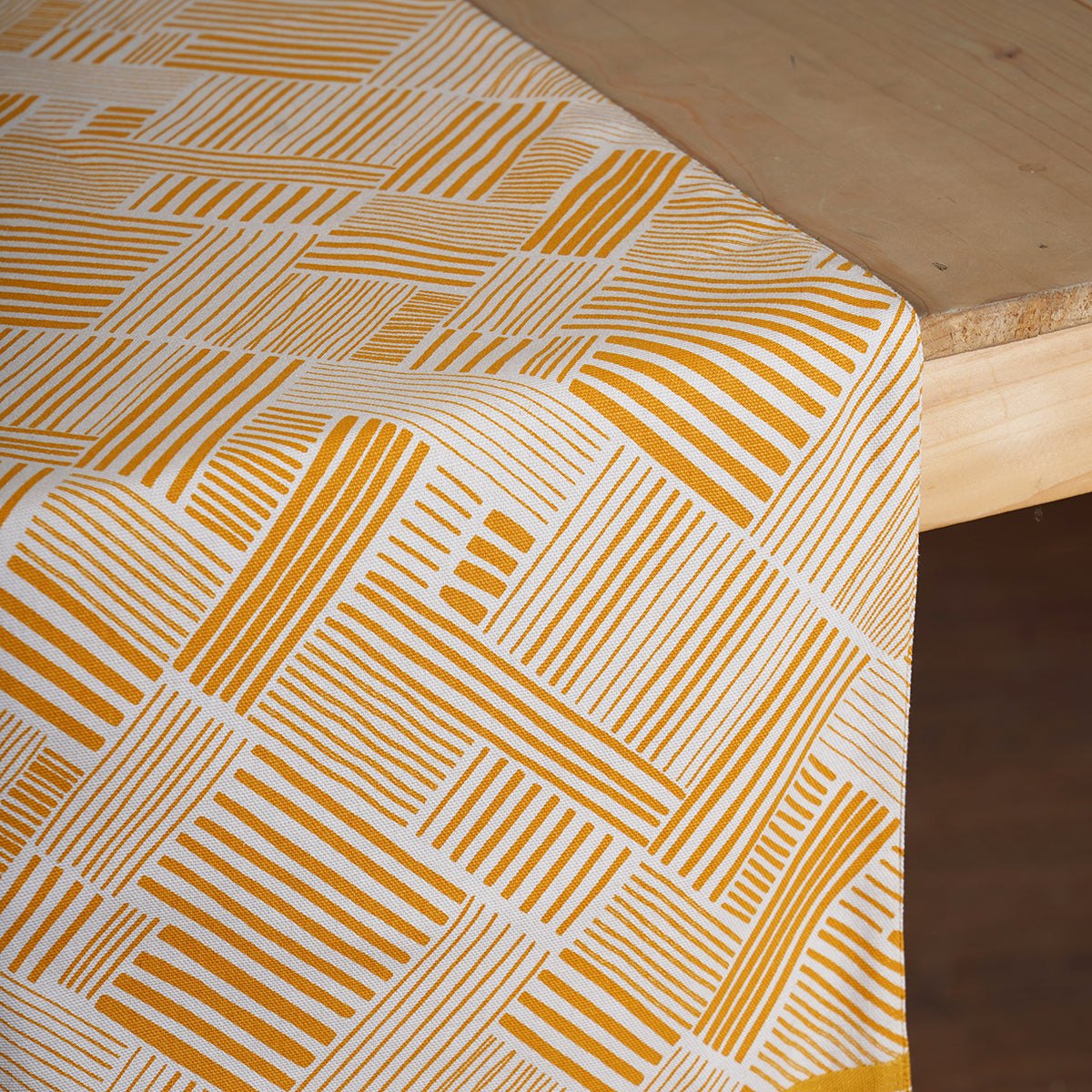 MODERN RETRO - Mustard Yellow cotton Table runner, stripe print with border and embroidery, sizes available