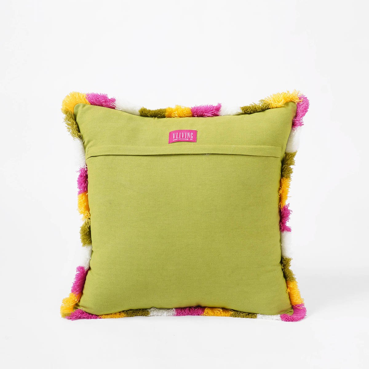 MATYO - Green printed cotton Pillow cover with multicolour acrylic fringe, sizes available