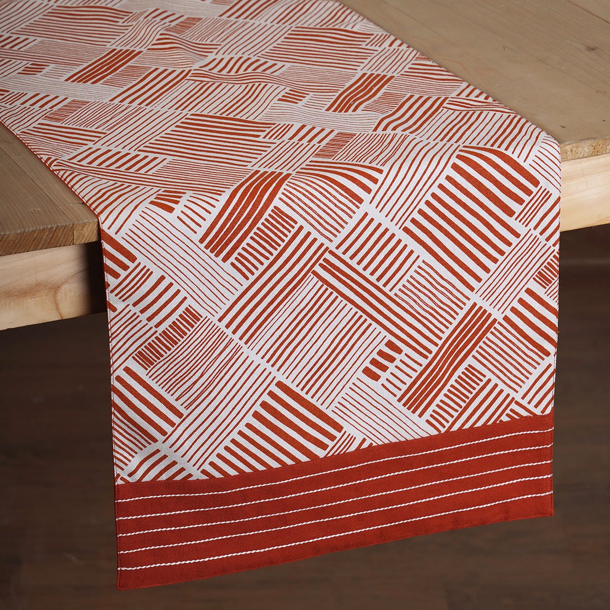MODERN RETRO - Terracotta cotton Table runner, stripe print with border and embroidery, sizes available