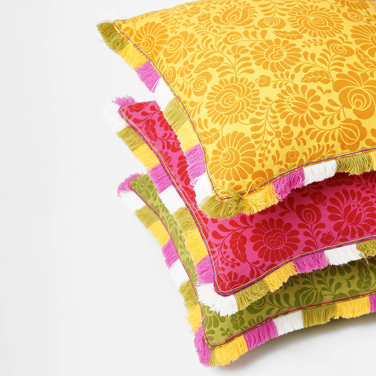 MATYO - Hot Pink printed cotton Pillow cover with multicolour acrylic fringe, sizes available