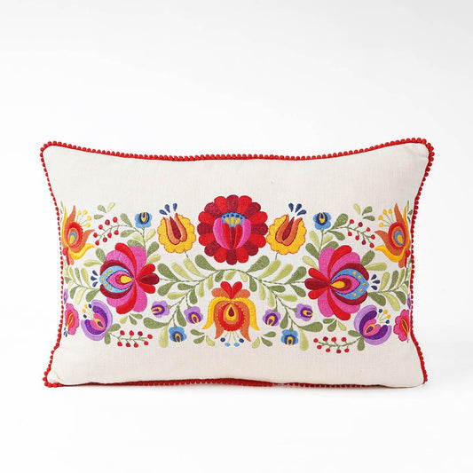 MATYO - Embroidered Oblong cotton Pillow cover with red micro pompom lace, sizes available