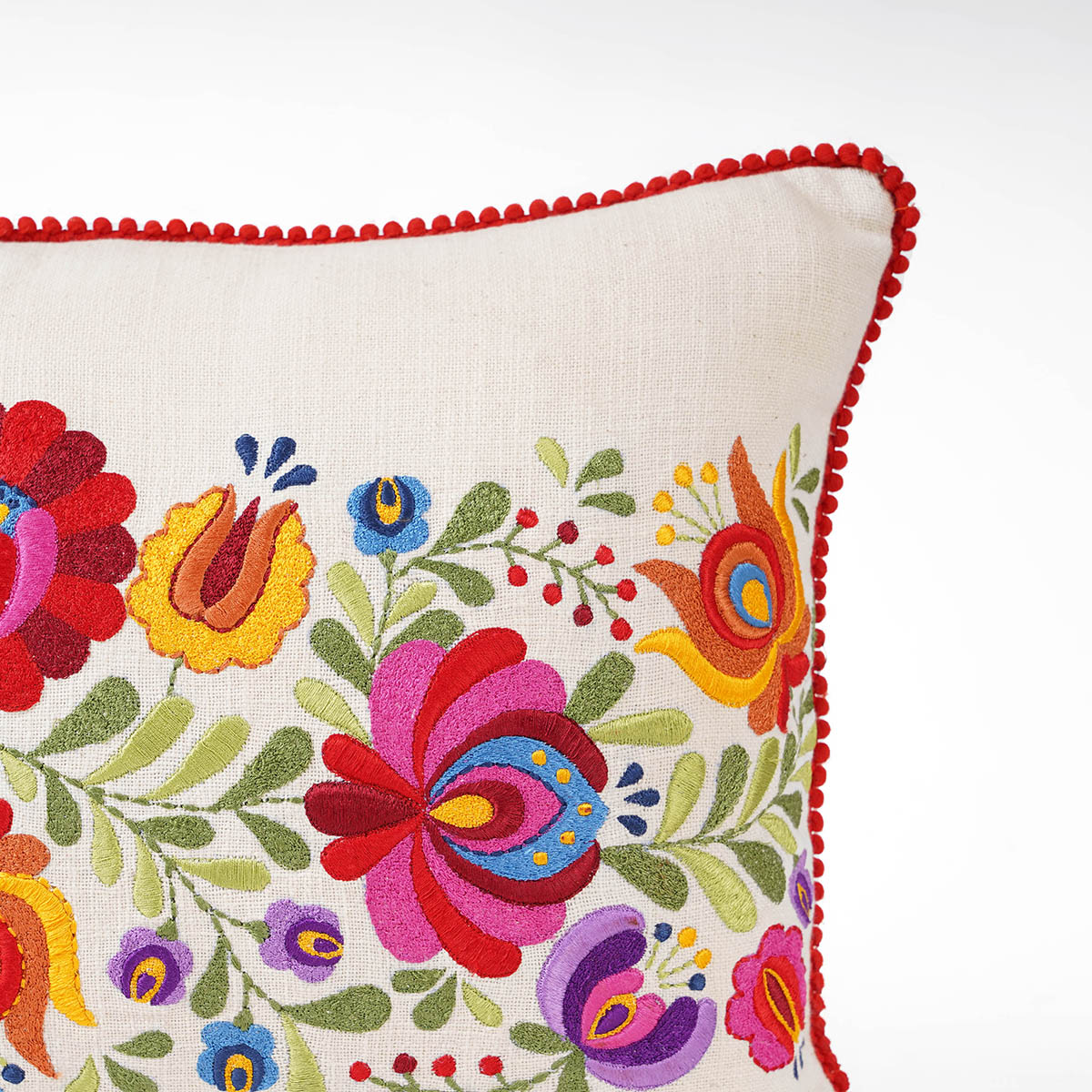 MATYO - Embroidered Oblong cotton Pillow cover with red micro pompom lace, sizes available