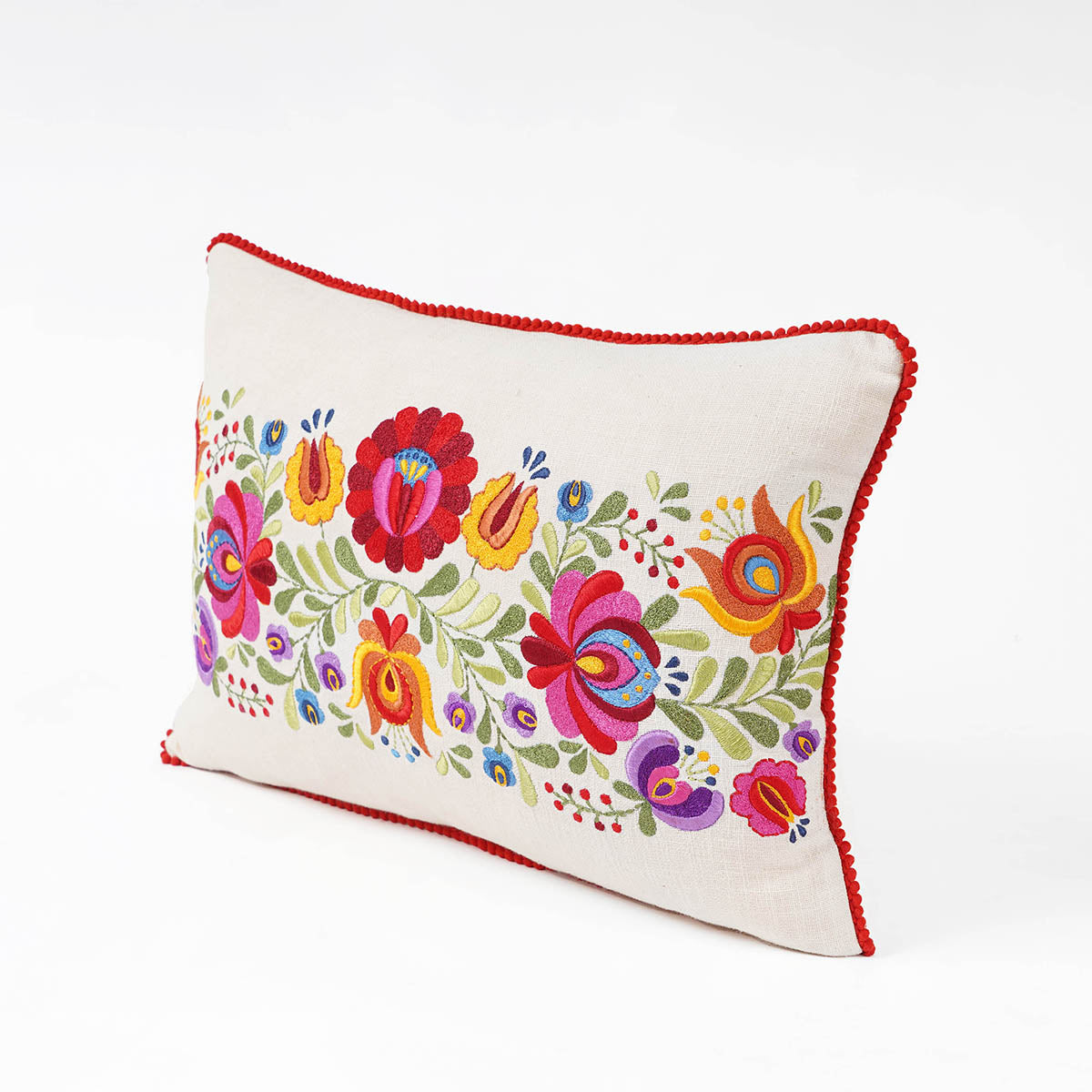 MATYO - Embroidered Oblong cotton Pillow cover with red micro pompom lace, sizes available