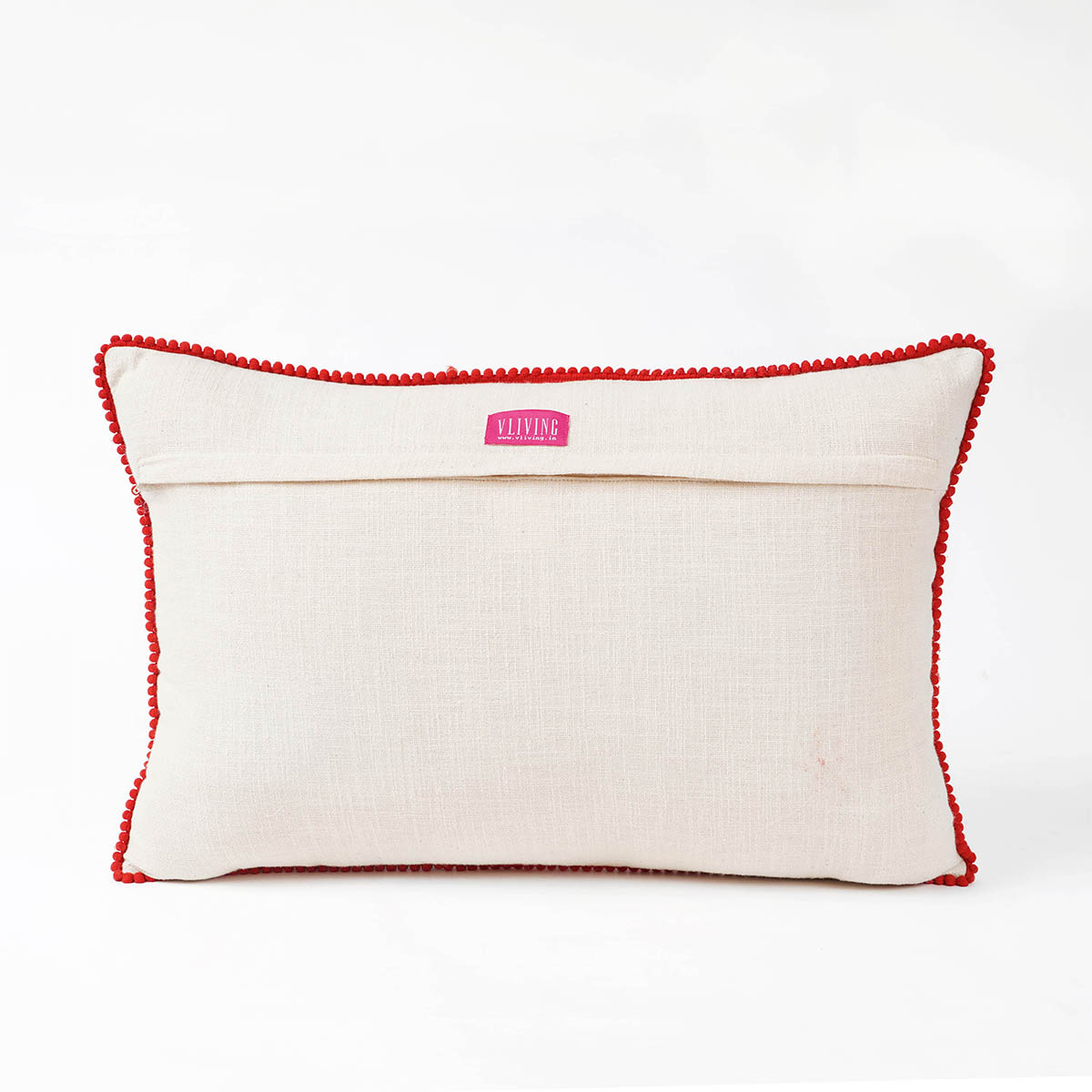 MATYO - Embroidered Oblong cotton Pillow cover with red micro pompom lace, sizes available