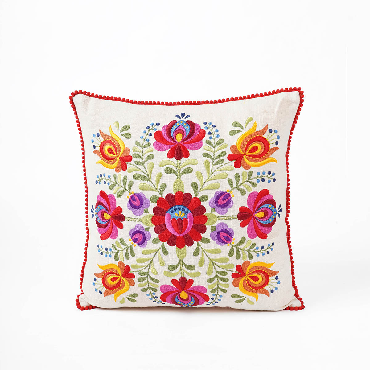 MATYO - Embroidered Square cotton Pillow cover with red micro pompom lace, sizes available