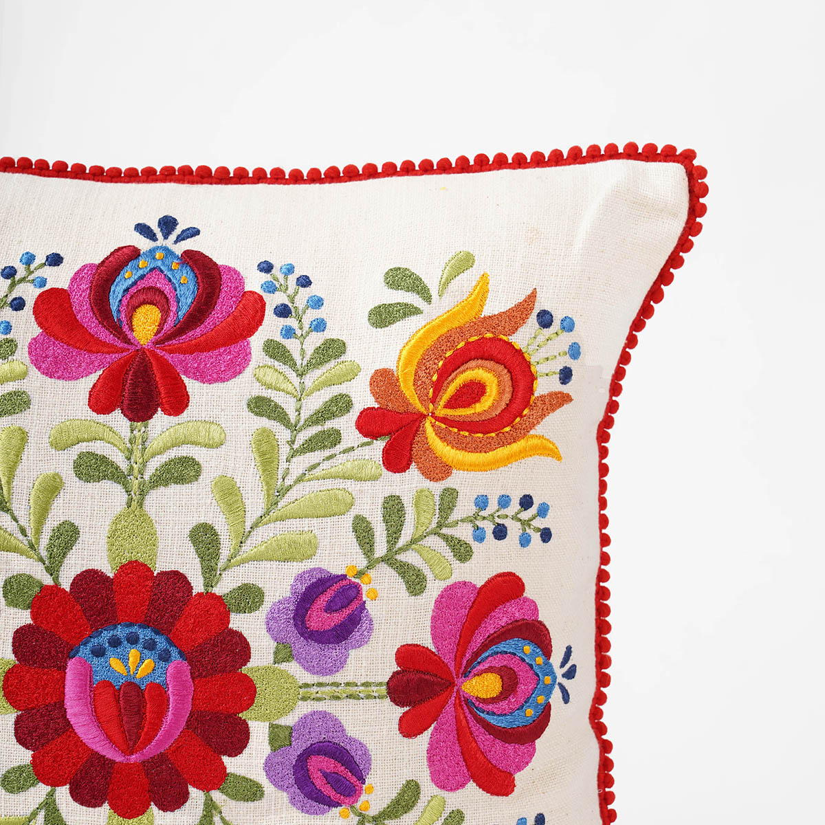 MATYO - Embroidered Square cotton Pillow cover with red micro pompom lace, sizes available