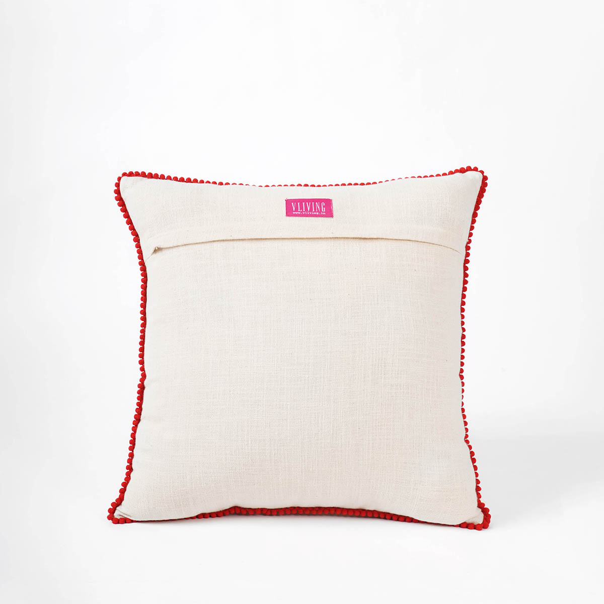 MATYO - Embroidered Square cotton Pillow cover with red micro pompom lace, sizes available