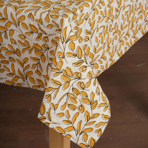 MODERN RETRO - Mustard yellow cotton table cloth with leaf print, Sizes available