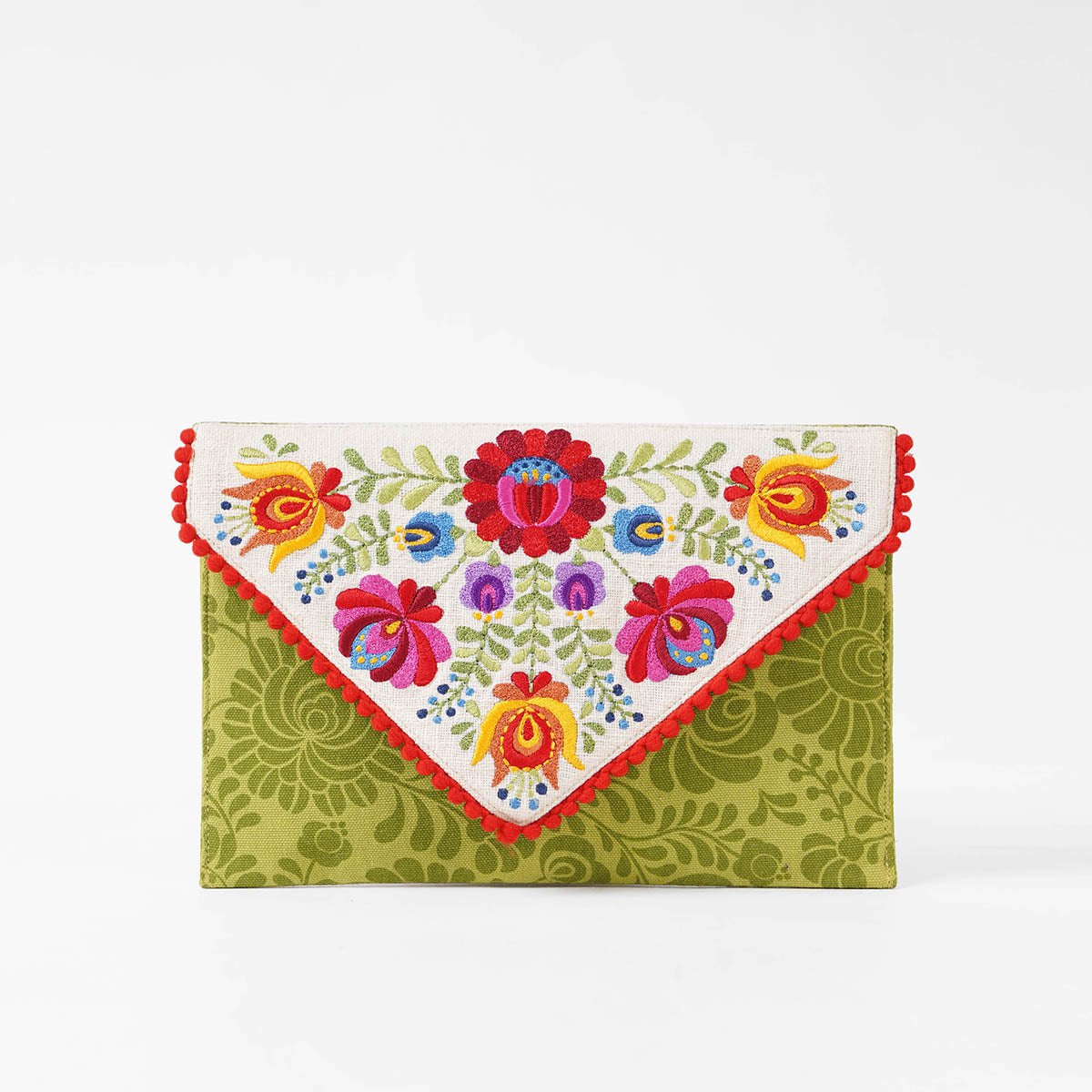 Matyo - Green colour Printed and Embroidered Envelope clutch, foldover purse,6X9 inches