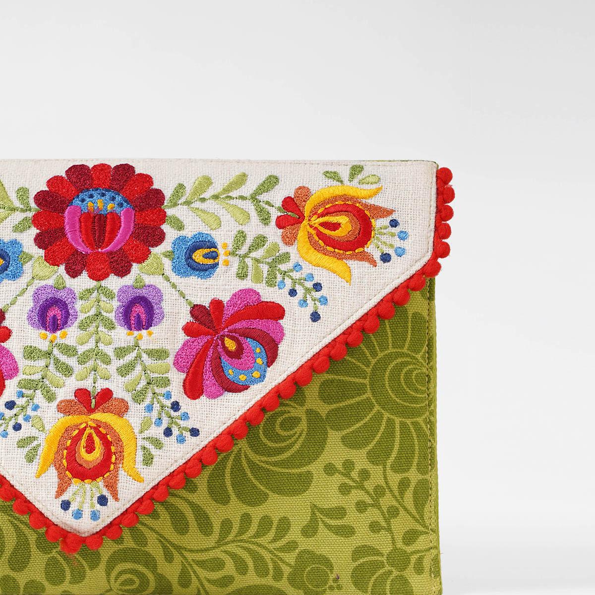 Matyo - Green colour Printed and Embroidered Envelope clutch, foldover purse,6X9 inches