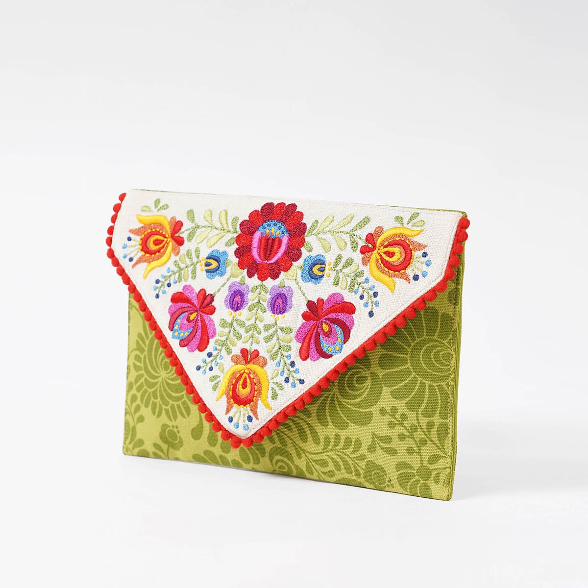 Matyo - Green colour Printed and Embroidered Envelope clutch, foldover purse,6X9 inches