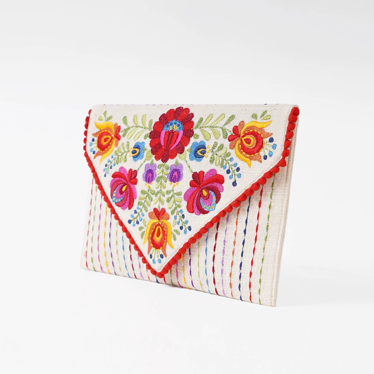 Matyo - Off white colour Embroidered Envelope clutch, foldover purse,6X9 inches