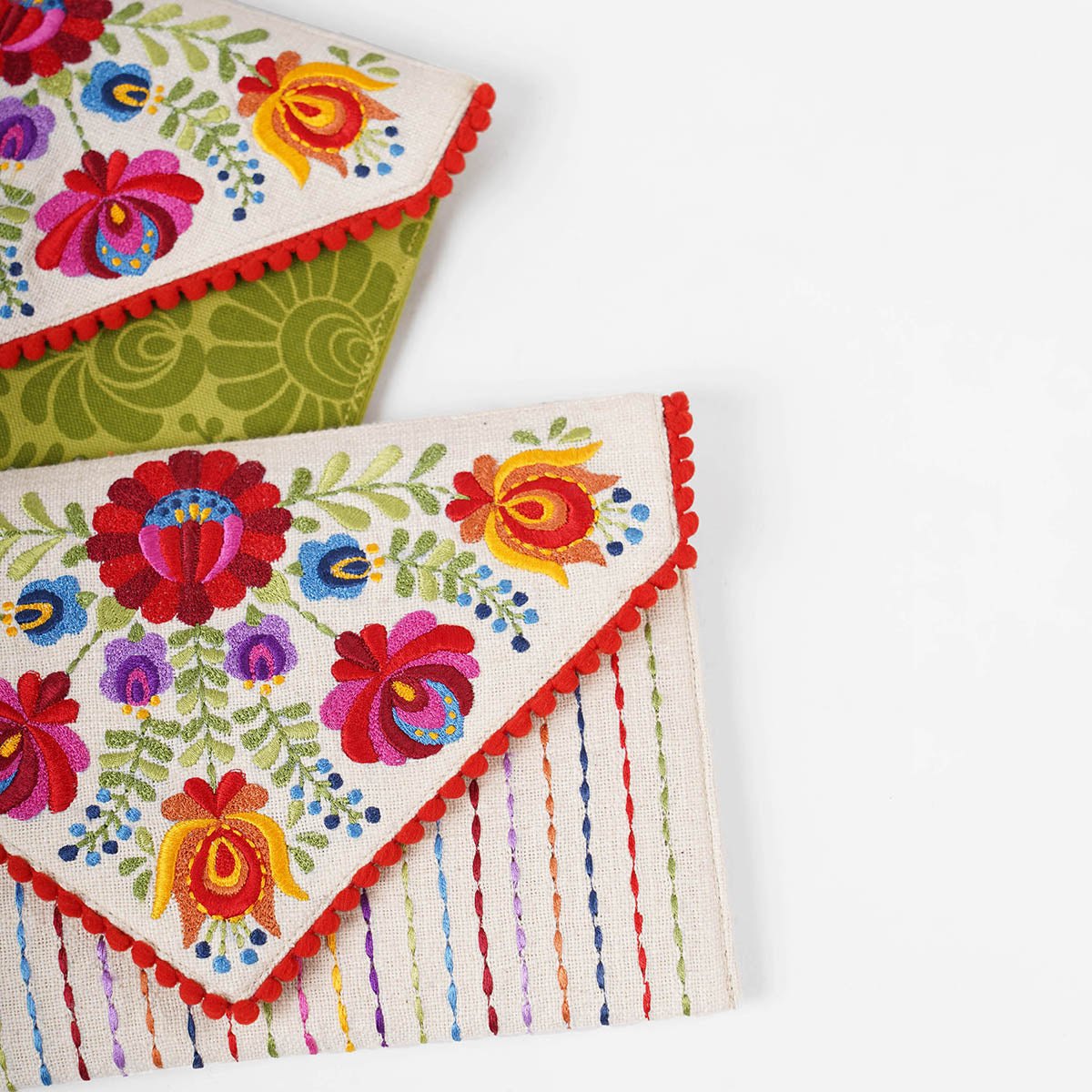 Matyo - Off white colour Embroidered Envelope clutch, foldover purse,6X9 inches
