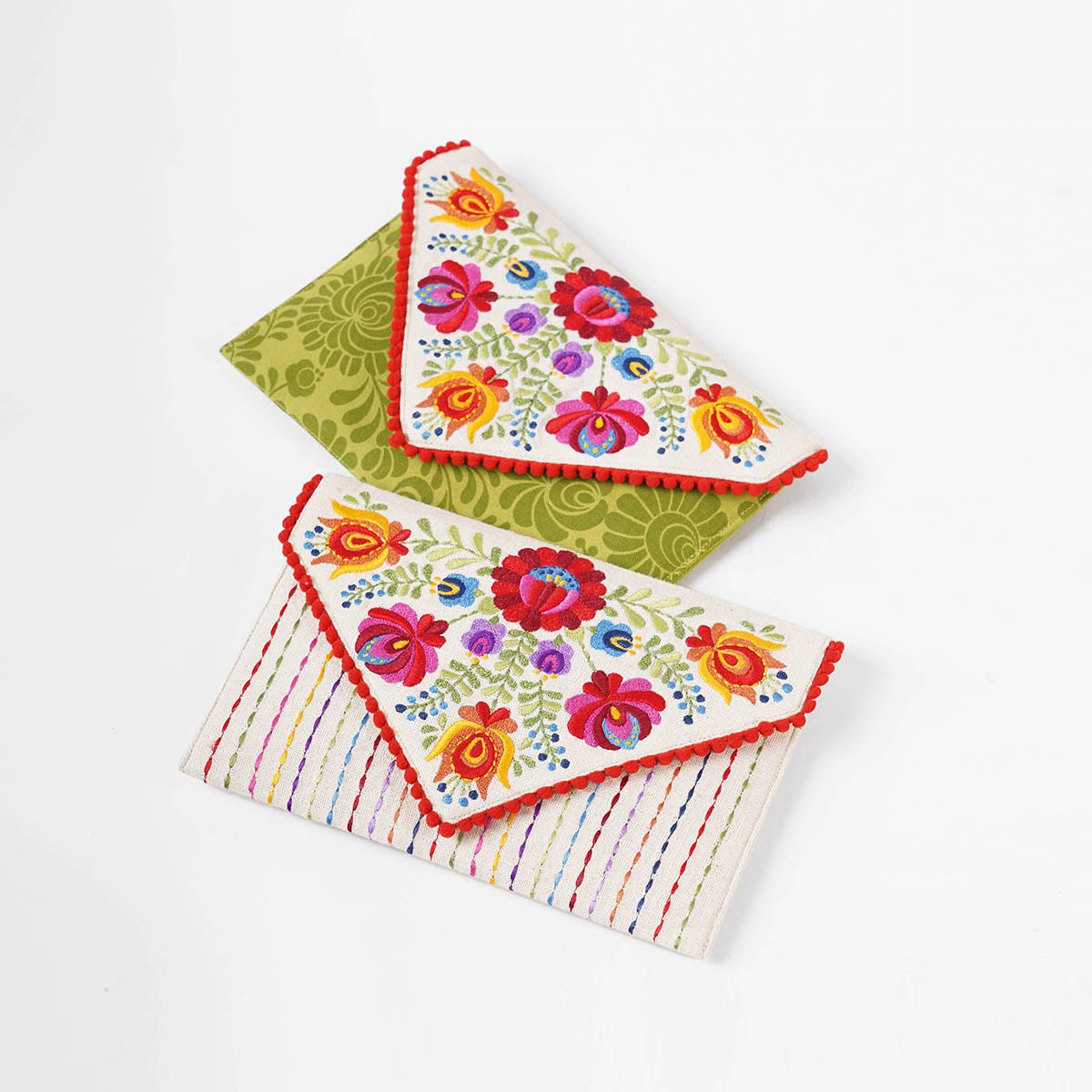 Matyo - Green colour Printed and Embroidered Envelope clutch, foldover purse,6X9 inches